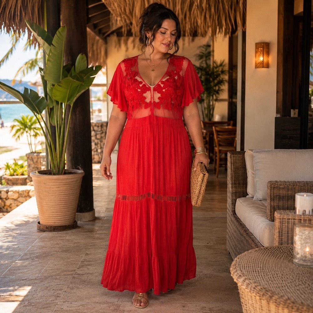 B.O.G Collective Red Embroidered Mesh Maxi Dress Flutter Sleeve Boho XL Resort